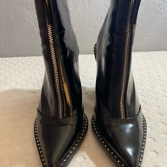 W Black Patent Heeled Boot with Silver Buttons along Sole - Picture 2 of 16